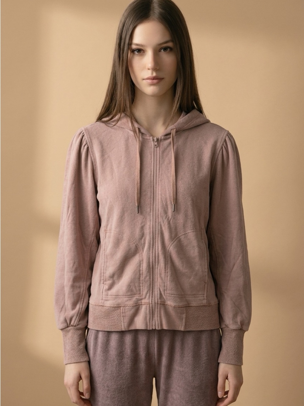 Anthropologie Daily Practice Puff-Sleeve Zip Hoodie Mauve Pink
